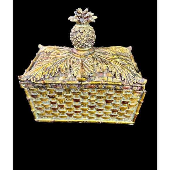 Ceramic Woven Gold Pineapple Top Knob Rectangle Jewelry Trinket Box 6” X 6” X 4” - Picture 3 of 10